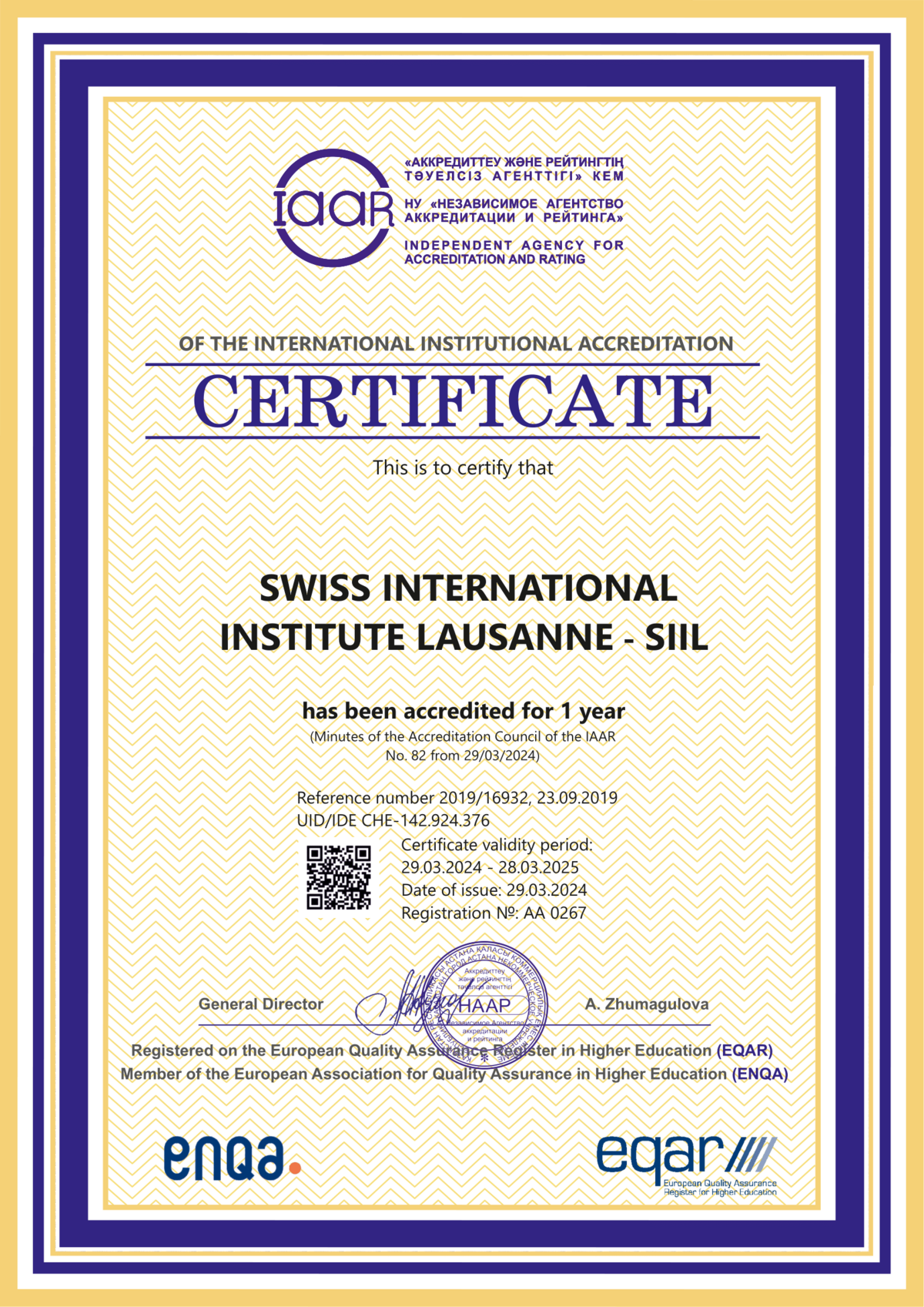 SIIL's international institutional accreditation certificate from IAAR